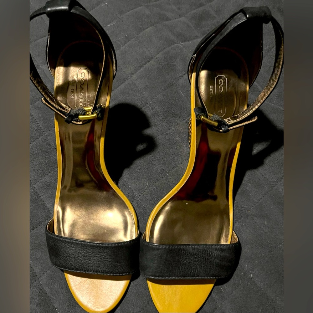 Ladies black and gold Coach wedge heels with strap. US size 10.